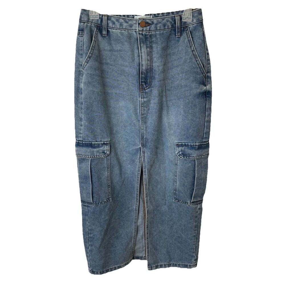 Love Fire Denim Cargo Skirt Size 5 Front Slit Pockets Blue Medium Wash Midi Maxi